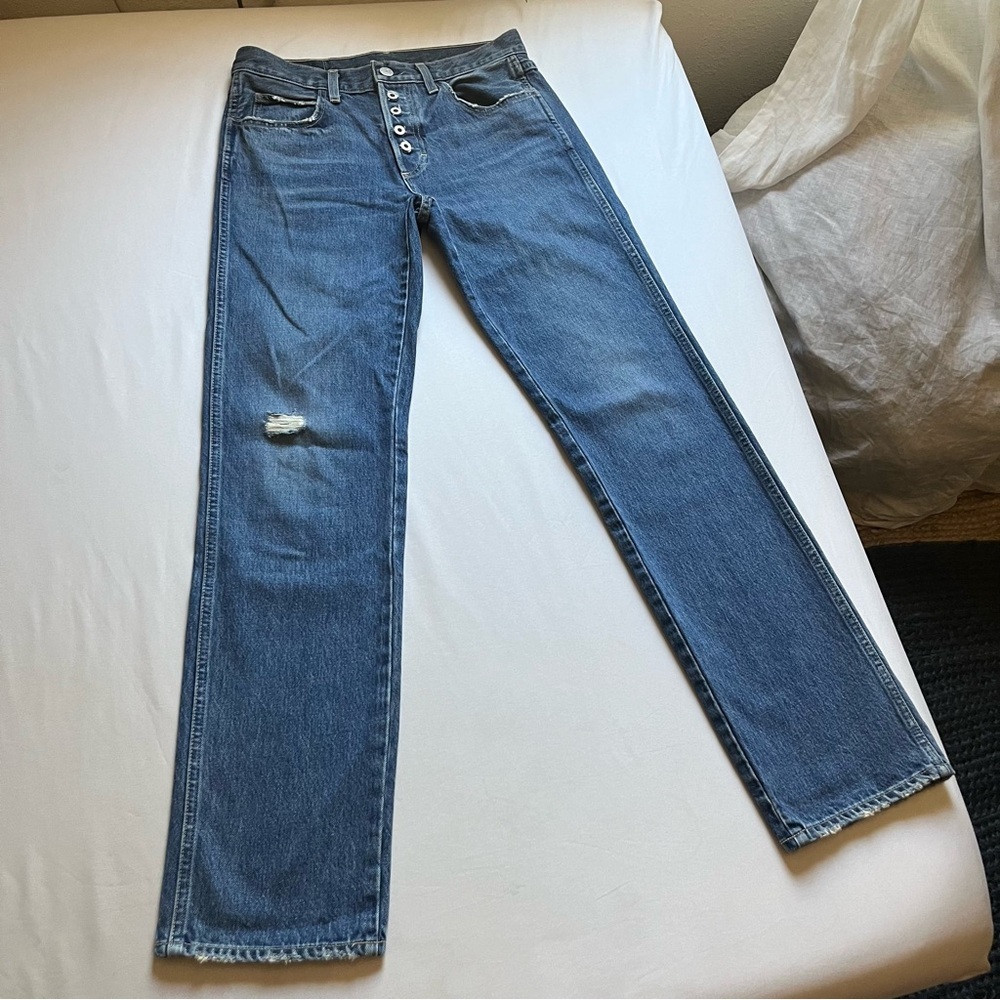 AMO medium blue wash exposed button fly straight leg distressed cropped jeans